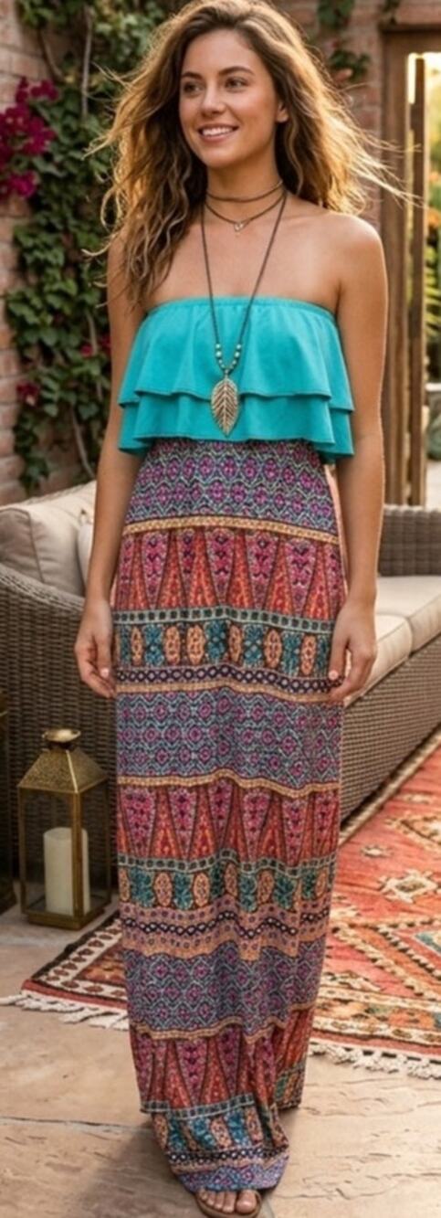 Judith March Boho Aztec/Tribal Print Ruffle Neckline SunDress
